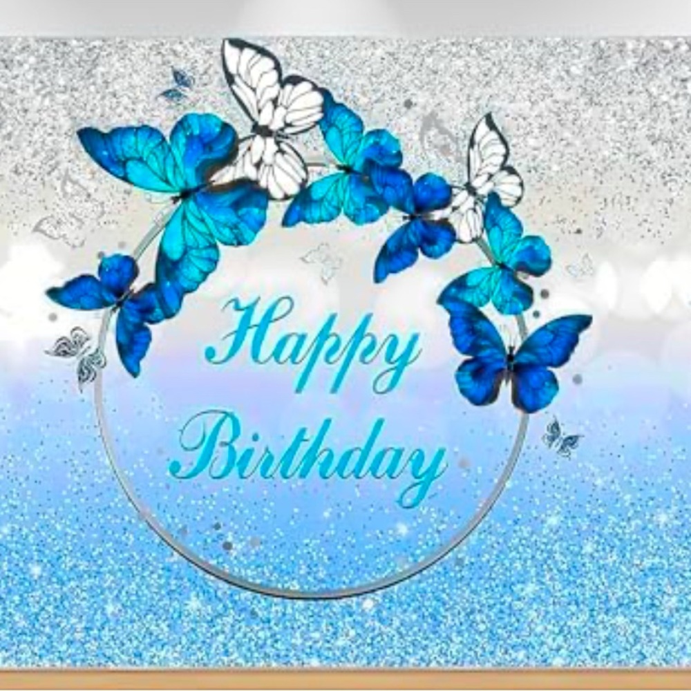Blue butterflies happy birthday backdrop, blue and light blue, 7 ft. X5 ft.